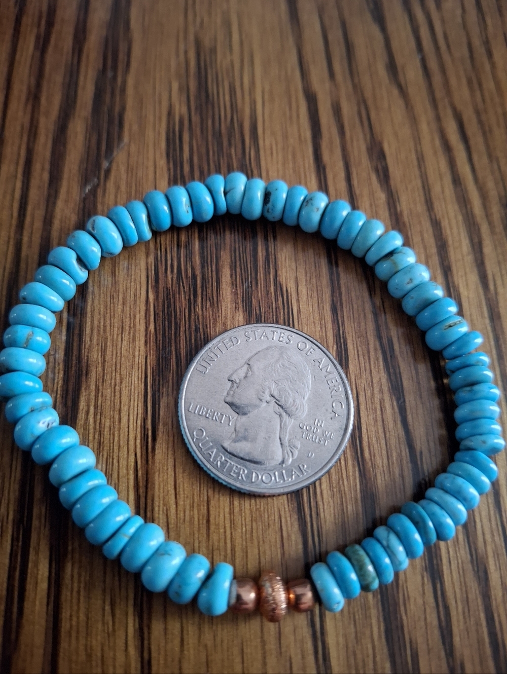 Sleeping Beauty Turquoise Rondelles With Copper Pearls Stretch Bracelet - Picture 3 of 3